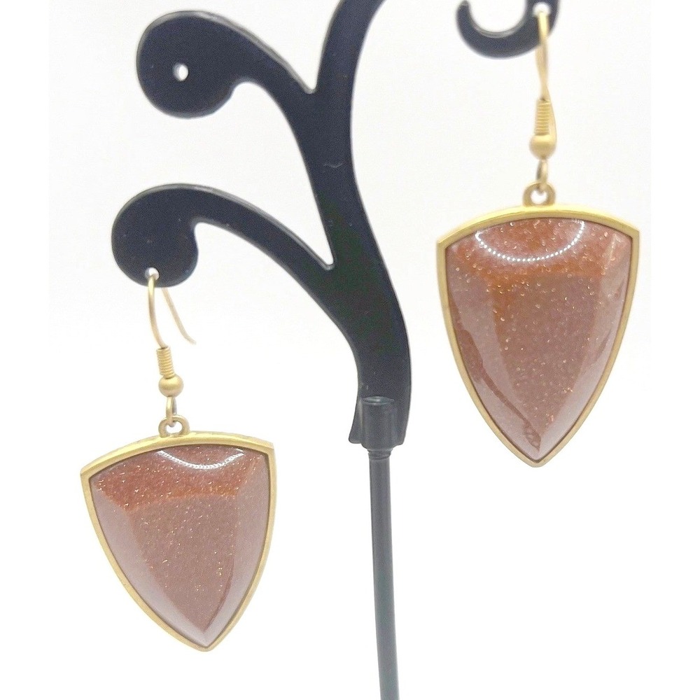 Goldstone Shield Dangle Earrings Gold Tone Sparkle Drop Earrings 1.75"